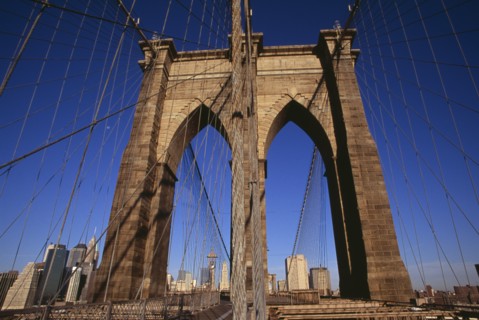 USA, New York, New York City, Brooklyn Bridge.  View along bridge to Manhattan skyline beyond part