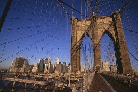 USA, New York, New York City, "Brooklyn Bridge.  View across bridge, pedestrians and cyclist to