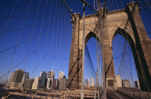 USA, New York, New York City, Brooklyn Bridge.  View across bridge towards Manhattan skyline part