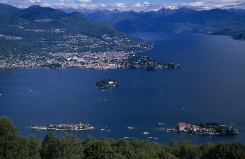 ITALY, Piedmont, Lake Maggiore, View across lake and the Borromeo Islands to distant mountains from