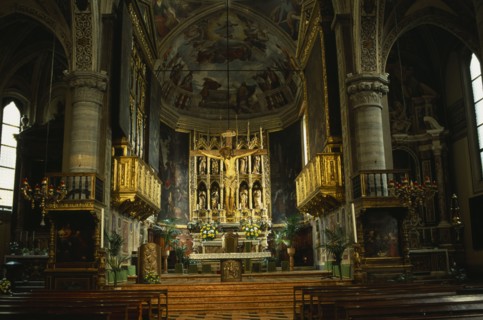 ITALY, Lombardy, Lake Garda, "Salo.  Interior of the Duomo with ornate golden altarpiece, crucifix