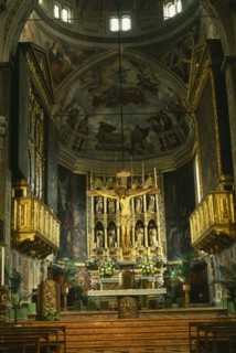 ITALY, Lombardy, Lake Garda, "Salo.  Interior of the Duomo with ornate golden altarpiece, crucifix