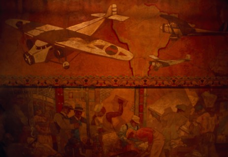 USA, New York, New York City, Detail of ceiling mural inside the Chrysler Building.