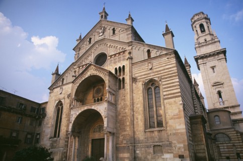 ITALY, Veneto, Verona, Romanesque facade of Duomo Santa Maria Matricolare and bell tower at side.