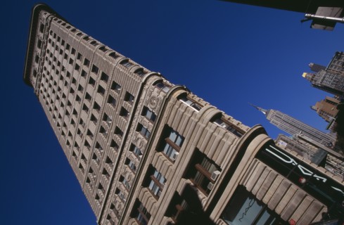 USA, New York, New York City, "Angled view of the Flatiron Building from 23rd Street.  Steel