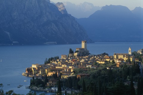ITALY, Veneto, Lake Garda, "Malcesine.  View across town rooftops towards Castello Scaligero in