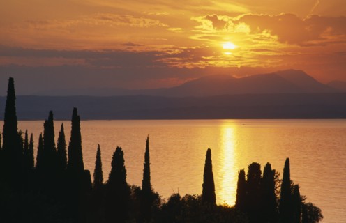 ITALY, Lombardy, Lake Garda , Sunset over Lake Garda from Punta San Vigilio with trees silhouetted