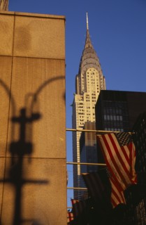 USA, New York, New York City, Part view of the Chrysler Building from East 42nd Street.  Seen above