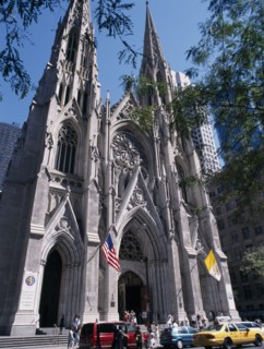 USA, New York, Saint Patrick’s Cathedral located on 5th Avenue framed by tree branches