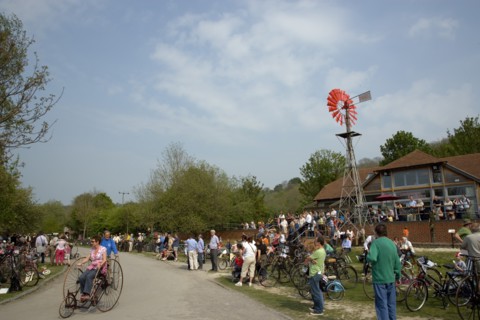 ENGLAND, West Sussex, Amberley, Amberley Working Museum. Veteran Cycle Day Grand Parade. Woman