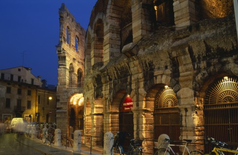 ITALY, Veneto, Verona, Piazza Bra.  Arena Roman amphitheatre completed in AD 30.  Part view of