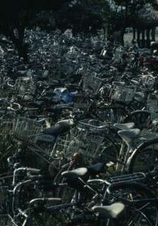JAPAN, Honshu, Kyoto, Mass of commuter’s bicycles parked beside a station.