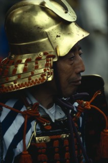JAPAN, People, Samurai, "Portrait of Samurai wearing armour constructed of plates of metal or