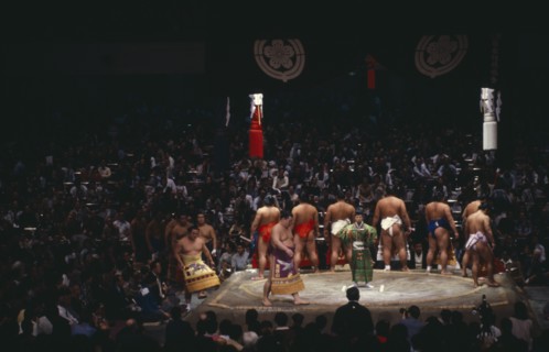 JAPAN, Samurai, Sumo, Sumo wrestlers of the top division perform the dohyo-iri ring entry ceremony
