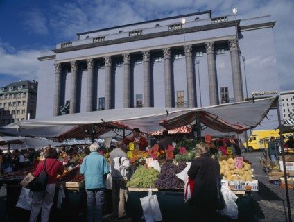 SWEDEN, Stockholm, Fruit stalls in front of the Konserthuset Concert Hall