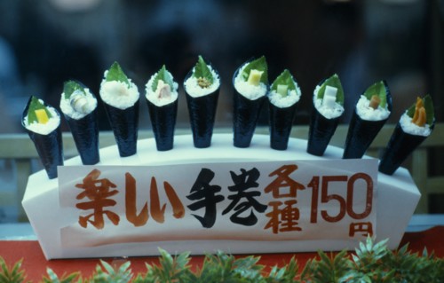 JAPAN, Markets, Food and Drink, Window display of plastic sushi.