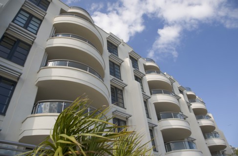 ENGLAND, West Sussex, Worthing, The Warnes modern apartment development. Exterior view of windows