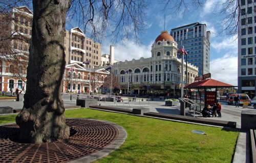 NEW ZEALAND, SOUTH ISLAND, CHRISTCHURCH, "CANTERBURY, TRAM STOP (RIGHT) AND GENERAL VIEW OF