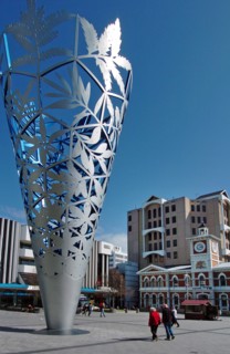 NEW ZEALAND, SOUTH ISLAND, CHRISTCHURCH, "CANTERBURY, INVERTED CONE MILLENNIUM SCULPTURE IN