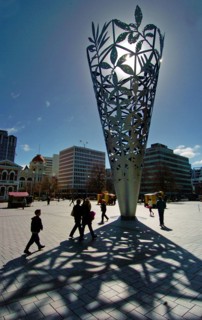 NEW ZEALAND, SOUTH ISLAND, CHRISTCHURCH, "CANTERBURy, SILHOETTE OF MILLENNIUM SCULPTURE IN