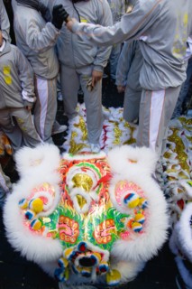 ENGLAND, London, Chinatown, Lion Dance troupe performing in Gerrard Street during Chinese New Year