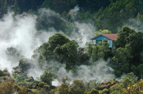 NEW ZEALAND, NORTH ISLAND, ROTORUA, BOILING MUD POOLS AND BOILING SULPHUROUS HOT WATER GEYERS OF
