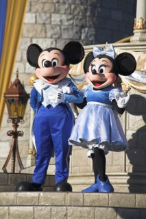 USA, Florida, Orlando, Walt Disney World Resort. Mickey and Minnie Mouse characters on stage in the