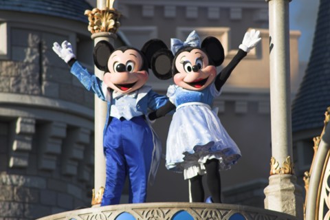 USA, Florida, Orlando, Walt Disney World Resort. Mickey and Minnie Mouse characters on stage in the