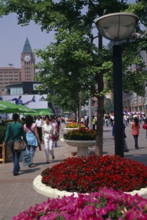 CHINA, Beijing, "Wangfujing street with crowds of shoppers lined with trees, street lamps and