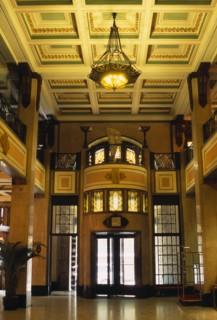 CHINA, Shanghai, "Peace Hotel.  Interior of foyer with marble floor, upper balcony and revolving