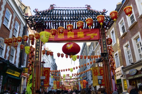 ENGLAND, London, Chinatown, Lion Dance troupe in Gerrard Street with their lions before performing