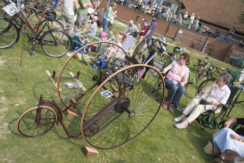 ENGLAND, West Sussex, Amberley, Amberley Working Museum. Veteran Cycle Day with visitors looking at
