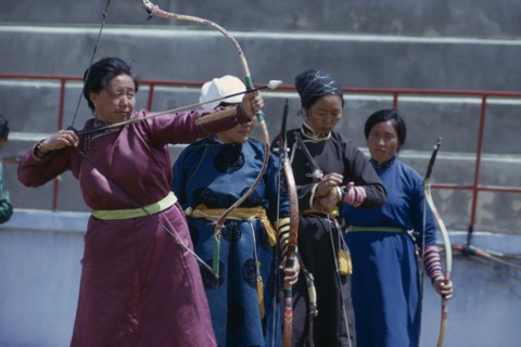 MONGOLIA, Ulan Bator, Ulan Bator Stadium on Nadam  National Day. Women taking part in national