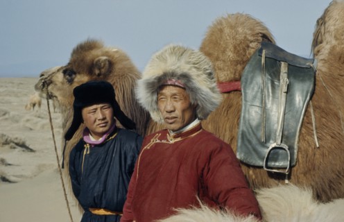 MONGOLIA, People, Bigersum negdel collective  Khalkha father and son in fleece-lined winter