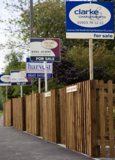 ENGLAND, West Sussex, Washington, To Let and For Sale signs on wooden fencing outside a newly built
