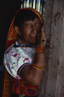 PANAMA, San Blas Islands, Kuna Indians, "Portrait of older Kuna Indian woman wearing traditional
