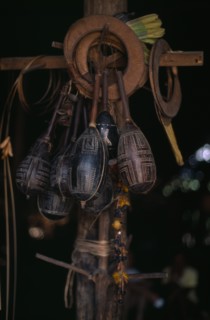 COLOMBIA, North West Amazon, Tukano Indigenous People, Makuna dancing regalia hanging from central