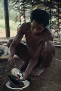 COLOMBIA, North West Amazon, Vaupes, Maku hunter Umero taking salt - a valued commodity  from