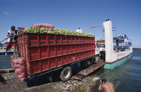 NICARAGUA, Lake Nigarugua, A lorry loaded with bananas boarding a ferry on Lake Nigarugua