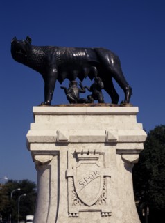 ROMANIA, Bucharest, Piata Romana. The Capitoline Wolf Statue nurturing / feeding Romulus and Remus
