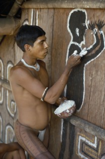 COLOMBIA, North West Amazon, Tukano Indigenous People, Cropped shot of Barasana Indian painting