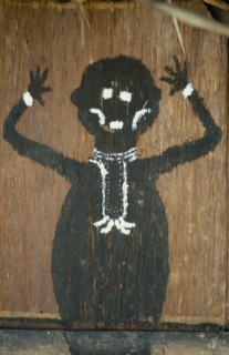 COLOMBIA, North West Amazon, Tukano Indigenous People, Detail of painted fertility symbol (?) on