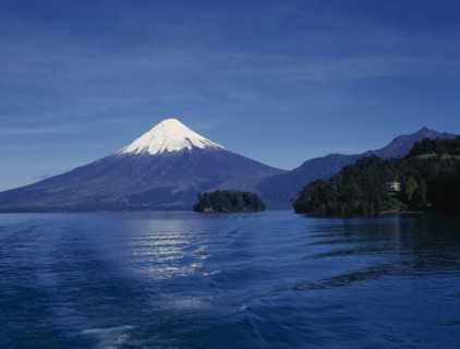 CHILE, Las lagos, Puerto Montt, Snow capped Osorno Volcano peak seen from across lake