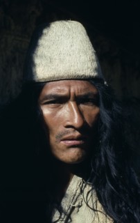 COLOMBIA, Sierra Nevada de Santa Marta, Ika, Portrait of Ika leader wearing traditional woven fique