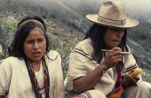 COLOMBIA, Sierra Nevada de Santa Marta, Ika, Ika shepherd sitting beside his sister in the high