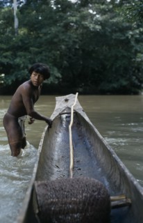 COLOMBIA, Choco, Embera Indigenous People, "Embera man, Rio Verde, standing knee deep in water