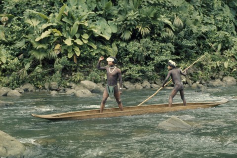 COLOMBIA, Choco, Embera Indigenous People, "Two Embera boys using pole to steer wooden dug out