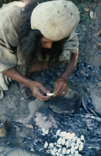 COLOMBIA, Sierra Nevada de Santa Marta, Ika, Ika man burning sea shells  brought into the Sierra