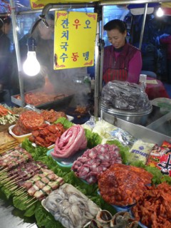 KOREA, South, Seoul, "Namdaemun - Namdaemun Market, December evening, food stall with chicken,