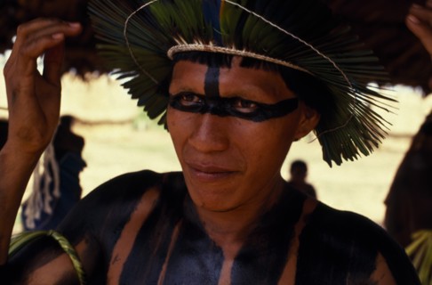 BRAZIL, Mato Grosso, Indigenous Park of the Xingu, Head and shoulders portrait of young  male